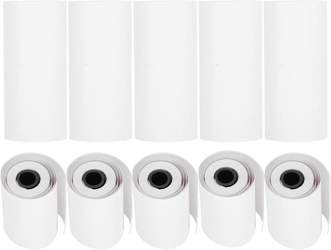 10 rollen thermopapier, zwart op wit, voor bluetooth-zakprinters, 6 meter lengte per rol, 5,5 cm breedte.