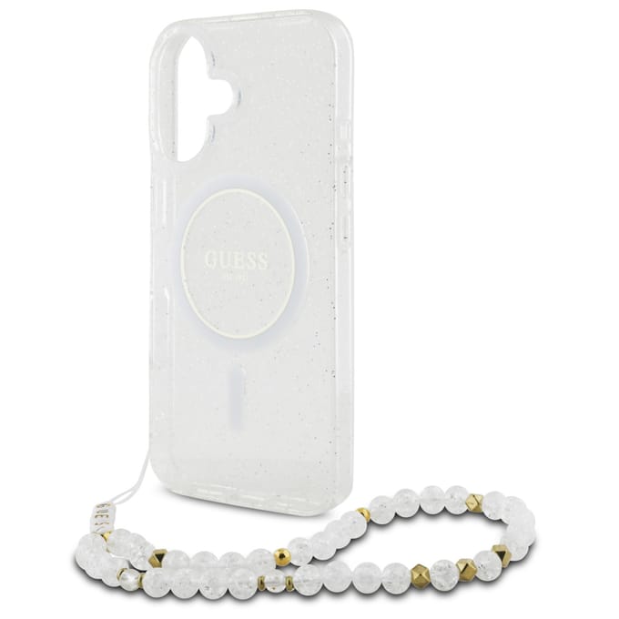 Guess MagSafe IML Glitter Case met beads strap voor de Apple iPhone 16 - Transparent