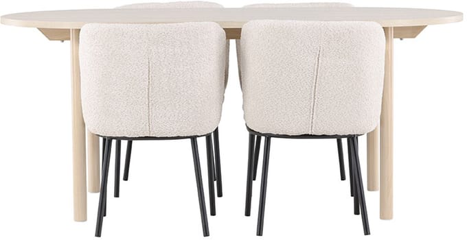 Andy eethoek tafel 90x180cm en 4 bouclé stoelen whitewash.