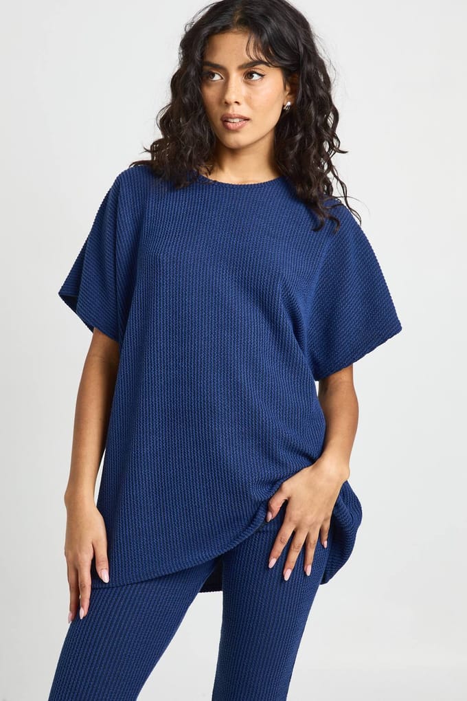 boohoo Dames Tweekleurige Geribbelde Wijd Uitlopende Legging & Top Set | Navy | Maat: 6