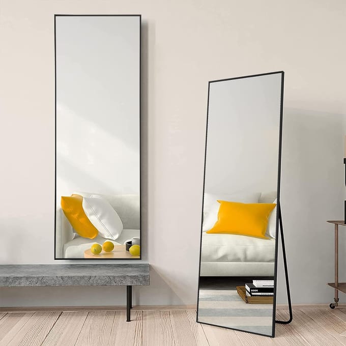Staande spiegel 144 × 45 cm , grote full-body spiegel met aluminium frame zwart