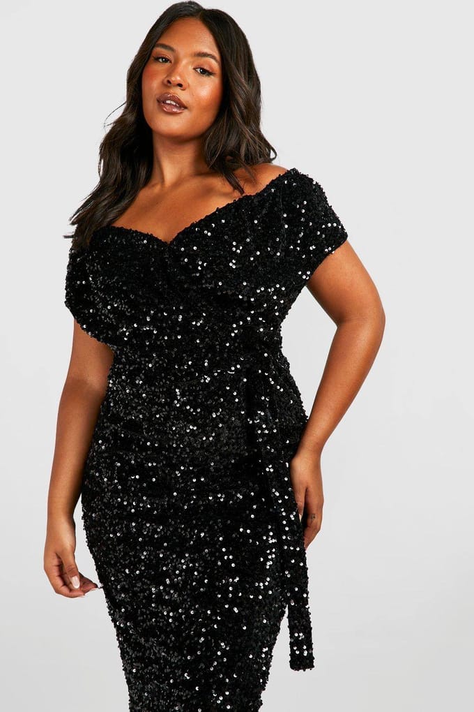 boohoo Dames Plus Pailletten Off-Shoulder Wikkel Midi Jurk | Black | Maat: 24