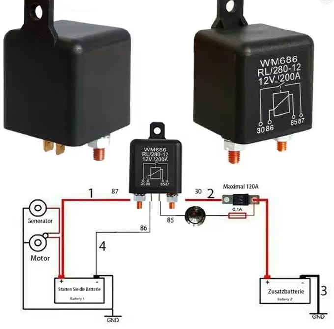 12V - 200A accu scheiding relais - camper relais- accu-scheidingsrelais 12v - Outboard Breda