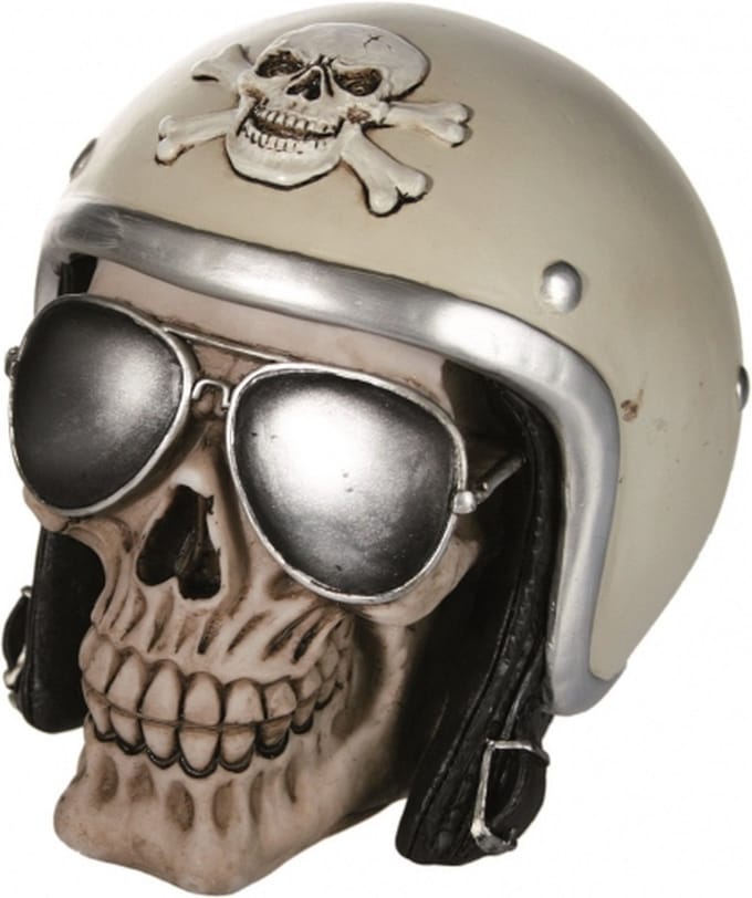 Spaarpot van Schedel met motorhelm - 16 x 12 cm - polyresin - Biker - volwassenen