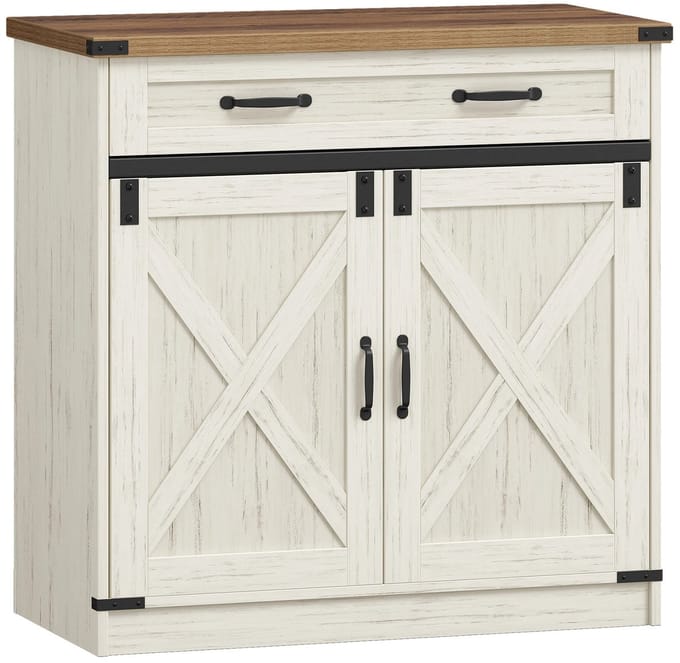 Home & Beyond® Landelijk Dressoir met Lade, 2 Deuren en Verstelbare Plank - Keukenkast en Sideboard - Wit/Eiken - 80 cm