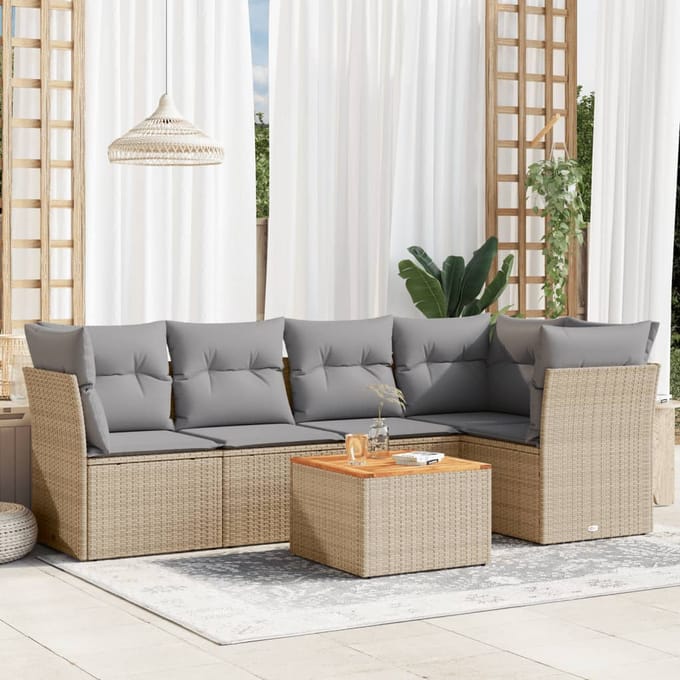 vidaXL - 6-delige - Loungeset - met - kussens - poly - rattan - beige