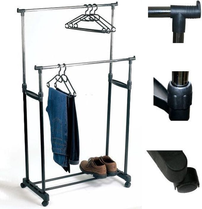 Dubbel kledingrek op wielen met instelbare hoogte - Mobiel kleding rek