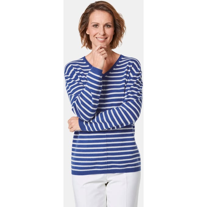 Pullover van kasjmier met V-hals - marine / wit / gestreept - Gr. 48 van Goldner Fashion