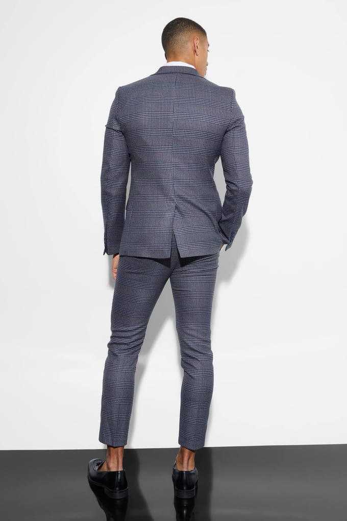 Skinny Fit Single Breasted Checked Blazer | Navy | Size 36