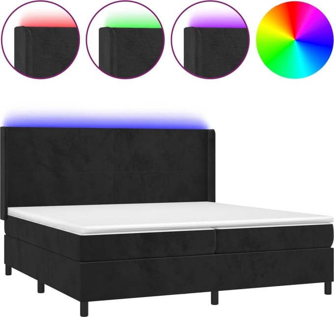 vidaXL - Boxspring - met - matras - en - LED - fluweel - zwart - 200x200 - cm