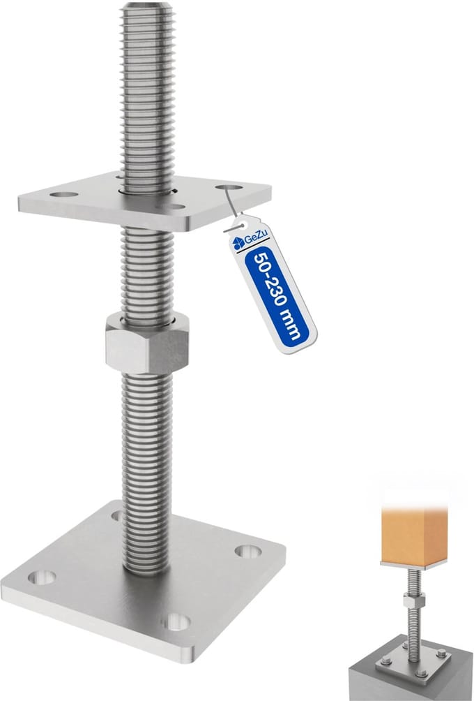 GeZu Impex Paalhouder Hoogte Verstelbare Zinkvlok 80 x 80 mm | 50-230 mm | Losse moer paaldragers paalsteun paalvoet