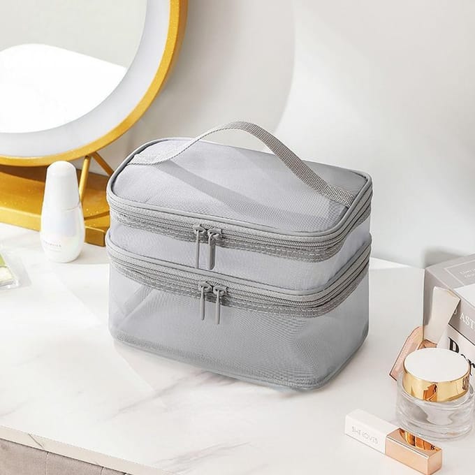 Trousse de toilette transparente et portable en maille double couche, grande capacité, rangement pour produits de toilette gris