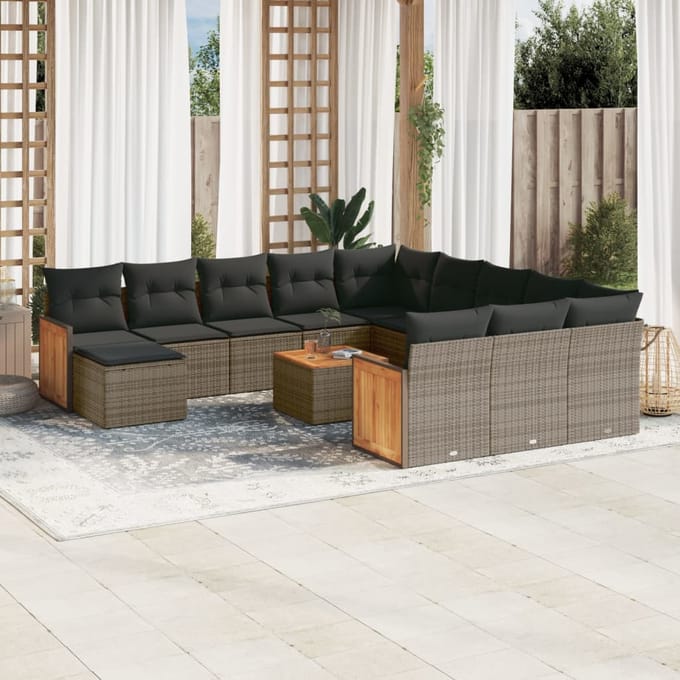 vidaXL - 13-delige - Loungeset - met - kussens - poly - rattan - grijs