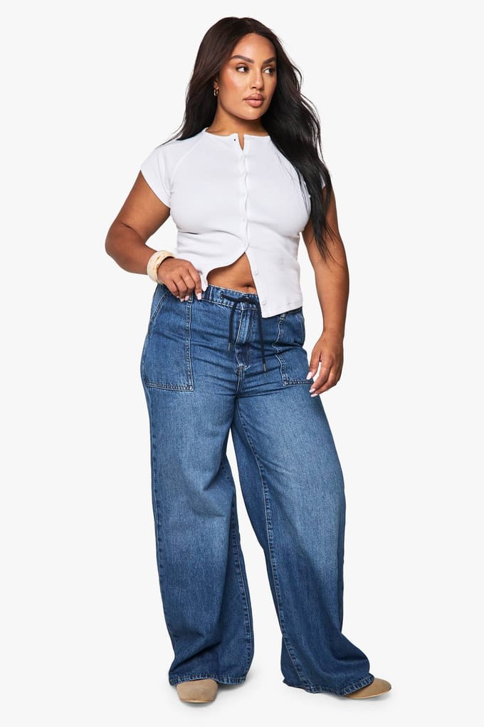 boohoo Dames Plus Jeans met Elastische Tailleband en Wijde Pijpen | Mid Blue | Maat: 22