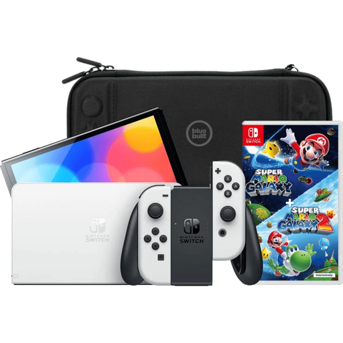 Nintendo Switch OLED Wit + Super Mario Galaxy 1+2 + BlueBuilt Beschermhoes