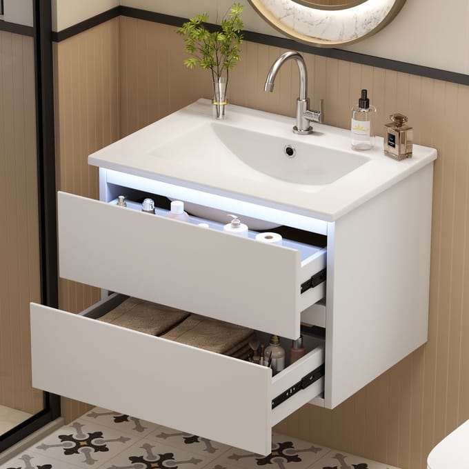 MODFU Wandgemonteerde Wastafelonderkast - Met Sensorverlichting En 2 Lades - Modern - MDF En Keramiek - Wit - 61 x 46 x 45 cm