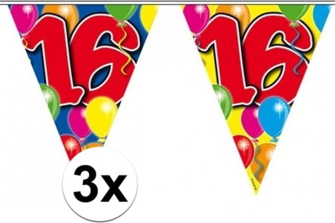 Folat Leeftijd slinger - 3x - 16 jaar - 10 meter - versiering vlaggenlijn / vlaggetjes