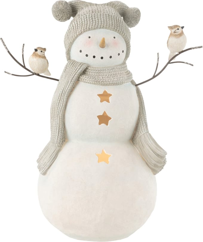 J-Line figuur sneeuwman Vogels - polyresin - wit/grijs - large - LED lichtjes