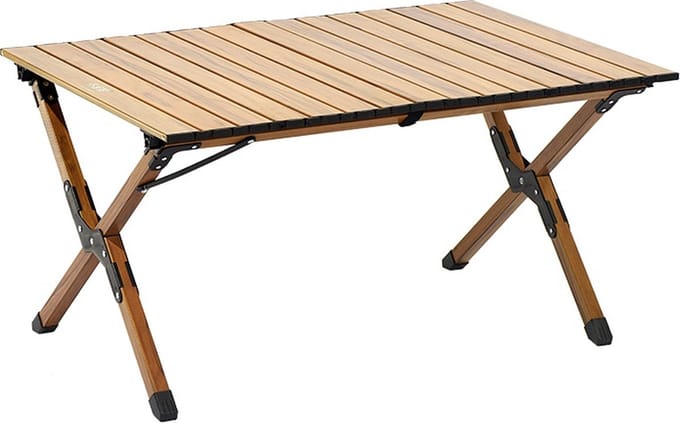 Campingtafel, middelhoog, volledig van aluminium met houtprint, oprolbaar blad, lichtgewicht en compact
