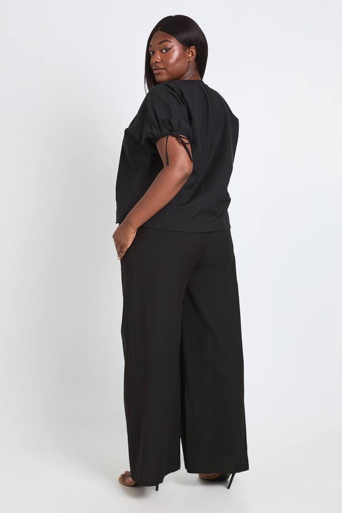 boohoo Dames Plus Linnen Broek Met Elastische Taille En Wijde Pijpen | Zwart | Maat: 44