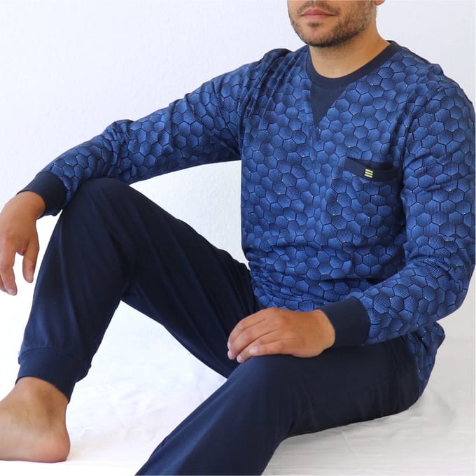 MEQ Heren Pyjama - Pyjama Set - Hexagonale Print - Blauw - Maat XXL