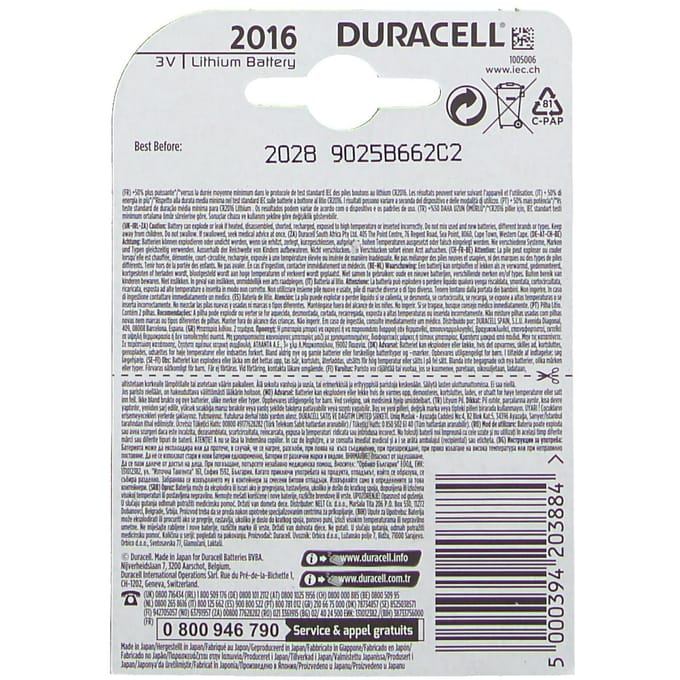 Knoopcellen Duracell CR2016, Lithium, 3 V, 75 mAh, Ø 20 x H 1,6 mm, 2 stuks