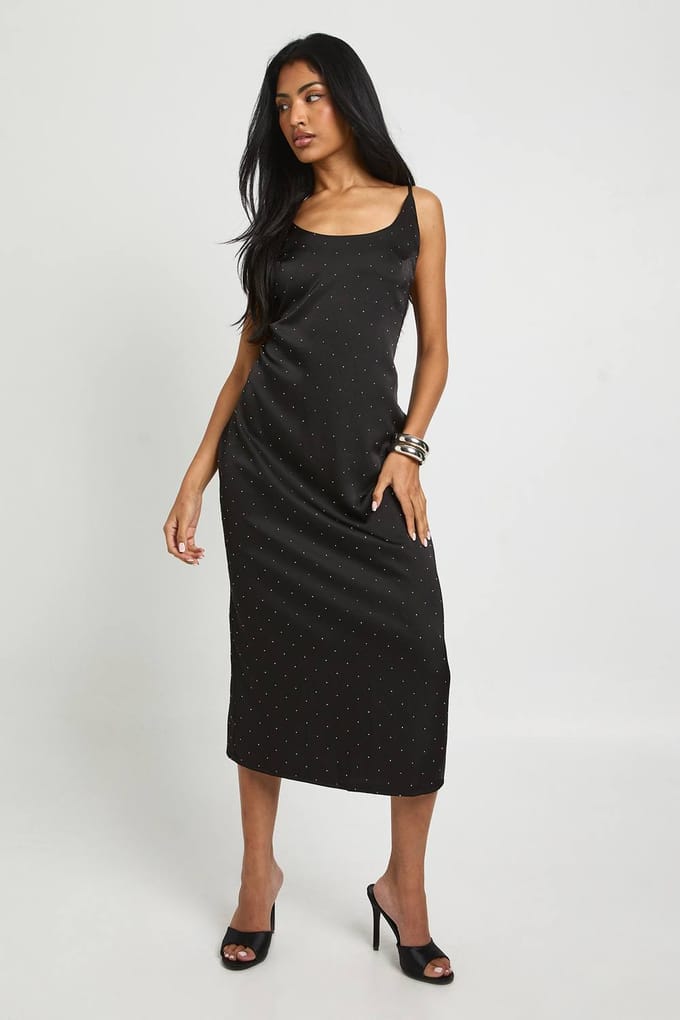 boohoo Dames Satijn Diamante Midaxi Slipjurk | Black | Maat: 8
