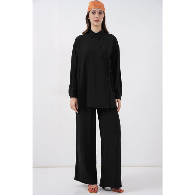 Tunic-pantalonset met strikdetail en kraag