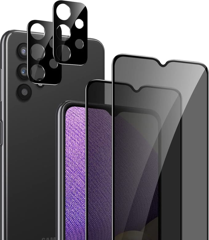 Screenprotector Glas - 2X Privacy Tempered Glass Screen Protector Anti-Spy + 2X Camera lens Beschermer Geschikt voor: Samsung Galaxy A32 4G