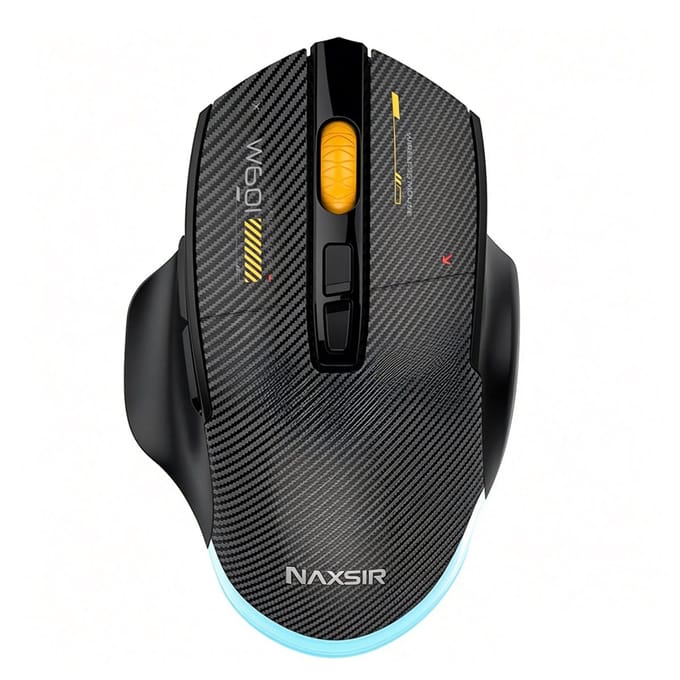 NAXSIR Tri-Mode Gaming Muis | Bluetooth + 2.4G Draadloos + Bedraad, programmeerbare macro's, 12800 DPI, ergonomisch koolstofvezel ontwerp, RGB verlichting