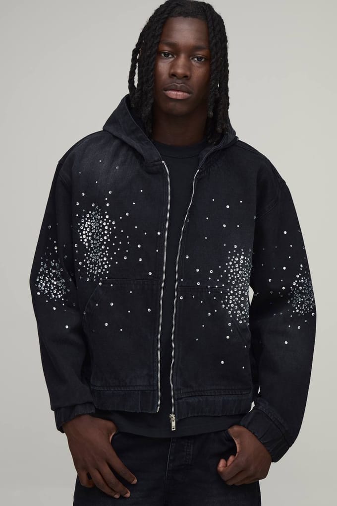 Boxy Rhinestone Gewassen Zwarte Denim Hoodie | Washed Black | Size Medium