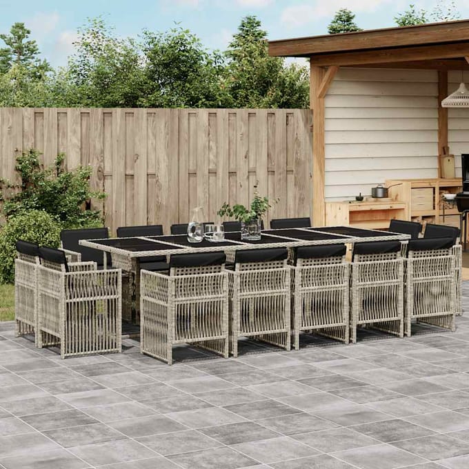 vidaXL - 15-delige - Tuinset - met - kussens - poly - rattan - lichtgrijs
