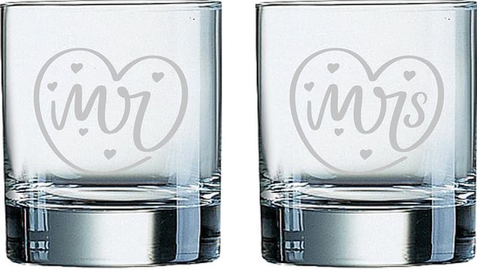 Gegraveerde set Whiskeyglazen 20cl Mr. In hartje - Mrs. In hartje