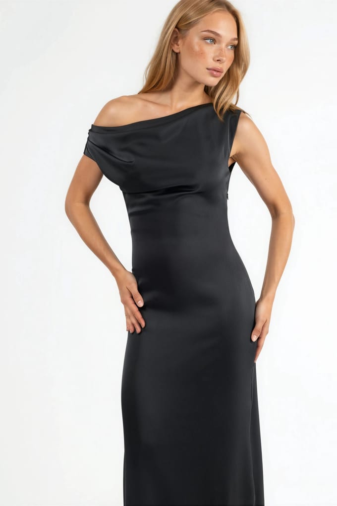 Asymmetrische Kraag Bodycon Satijnen Maxi Jurk