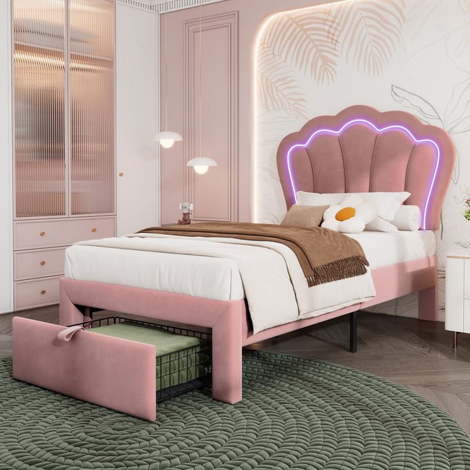 REDOM Kinderbed – 90x190 cm – Met RGB-LED & opberglade – Velvet – Roze