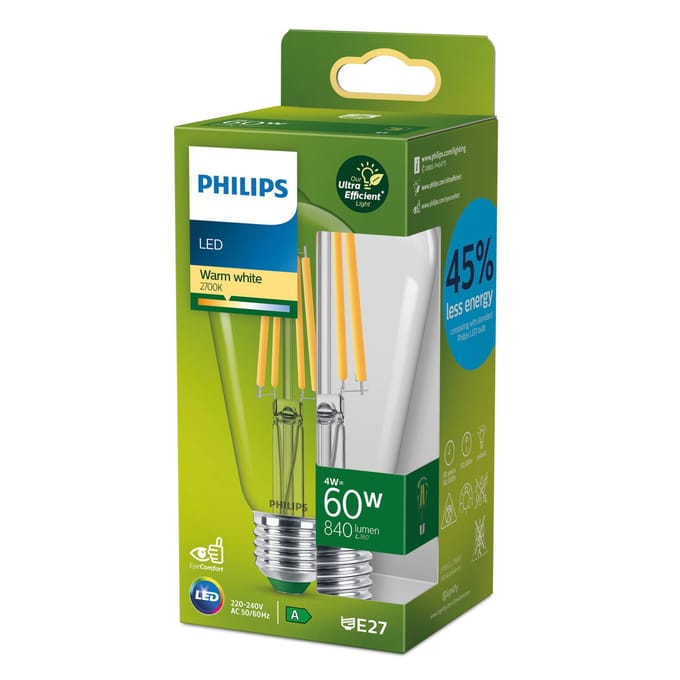 Philips Ultra Efficient LED lamp Edison Transparant - 60 W - E27 - Warmwit licht