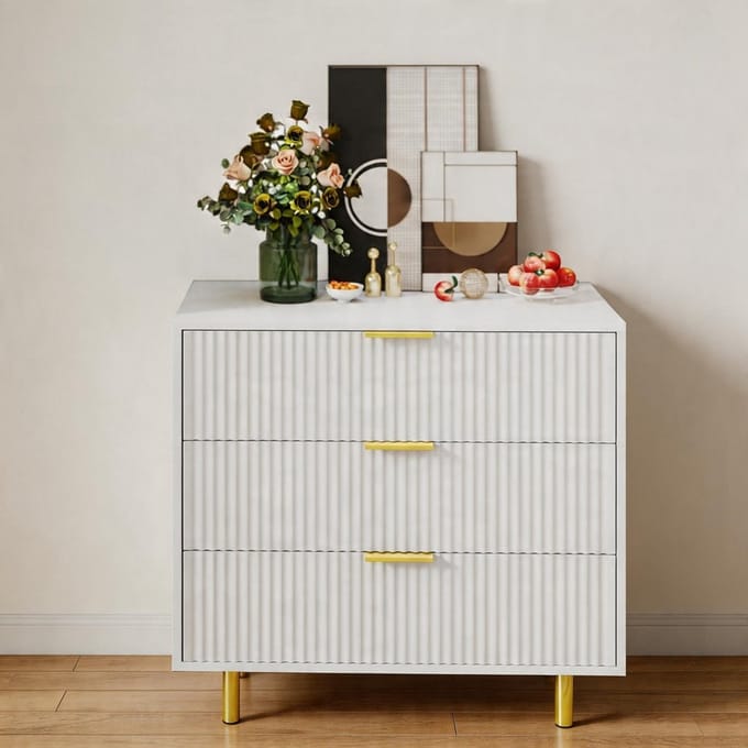 KOMHTOM - Commode met 3 lades - dressoir met modern design - opbergkast - wit en goud - H72/B80/D40 cm