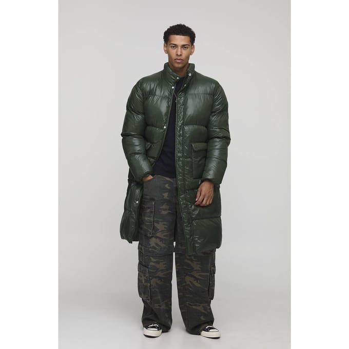 Regular Fit High Shine Longline Puffer Jacket | Khaki | Size Medium