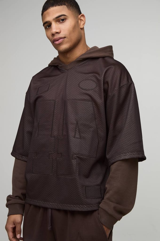 Oversized Boxy Varsity Applique Faux Layer Mesh Hockey Top Hoodie | Brown | Size Medium