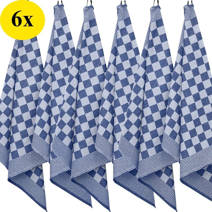 Theedoeken - Horeca - set van 6 - Katoen - Geblokt - Blauw-Wit