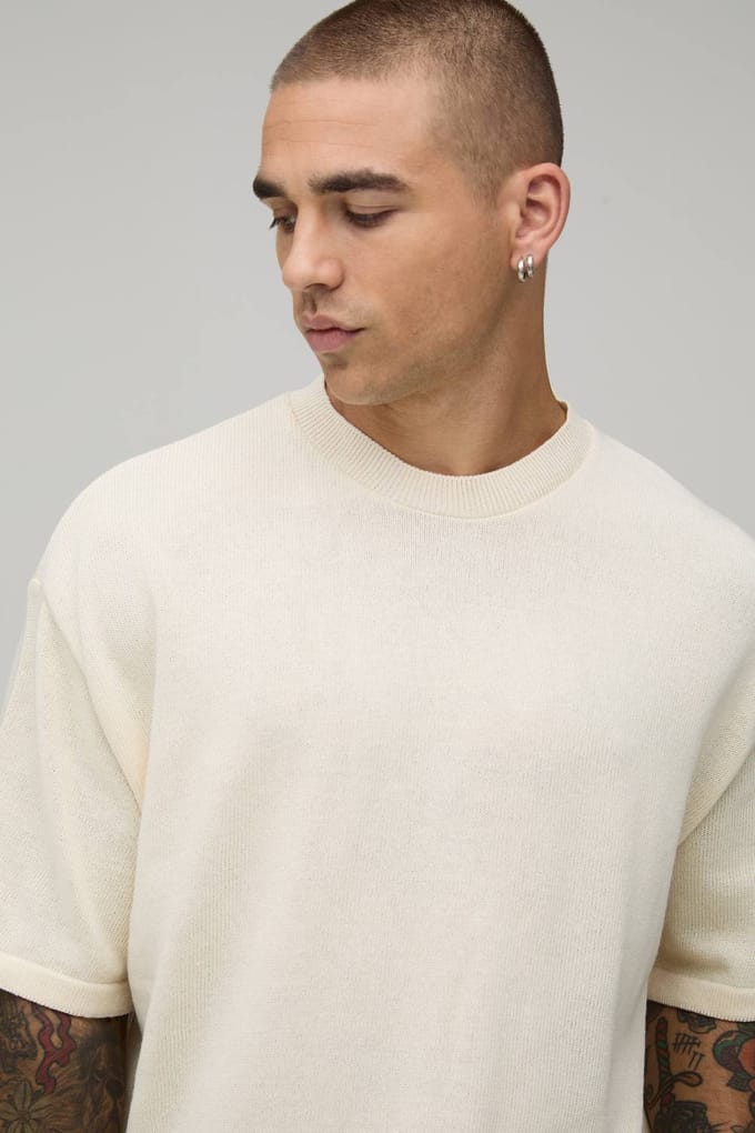 Oversized Gebreid T-shirt Van Katoenmix | Ecru | Size Medium