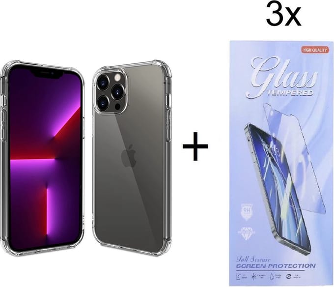 Backcover Geschikt voor: iPhone 14 Plus Anti Shock Silicone - Transparant + 3X Tempered Glass Screenprotector - ZT Accessoires