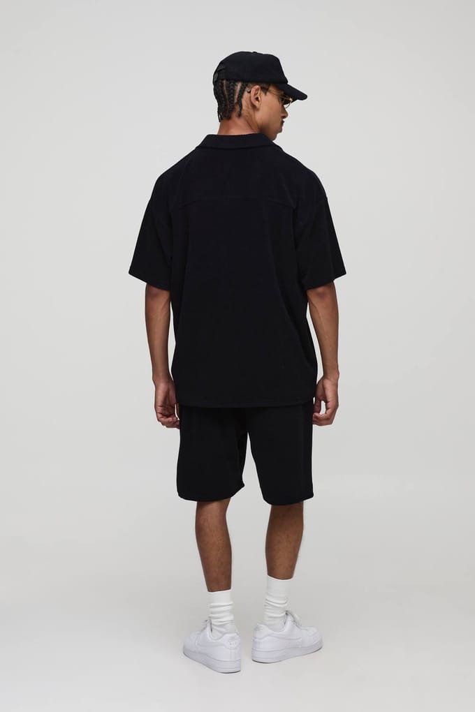 Black Oversized Revere Embroidered Towelling Polo T-Shirt | Size Medium