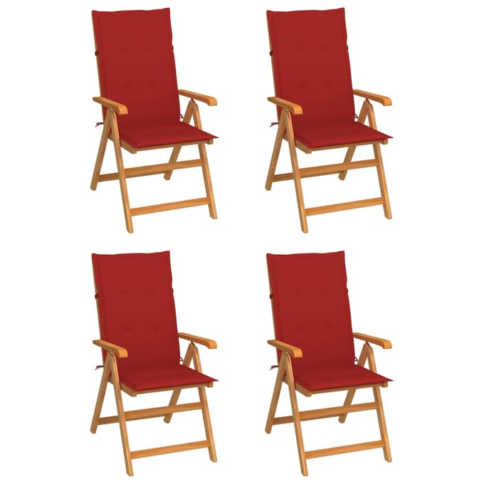 vidaXL - Inklapbare - stoelen - 4 - st - met - rode - kussens - massief - teakhout