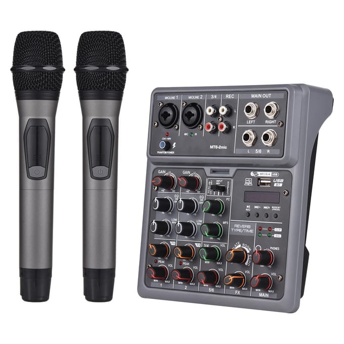 Audiomixer 6-kanaals mengpaneel met 2 draadloze microfoons BT-mixer OTG 4 DSP-scène-effecten US Plug