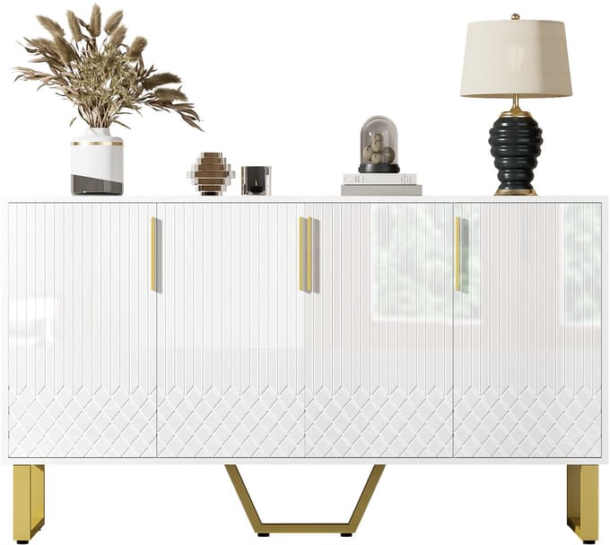 Dressoir - 140x40x80 cm - Hoogglans Dressoir Met 4 Deuren - Geometrisch Design - Metalen Poten - MDF - Wit
