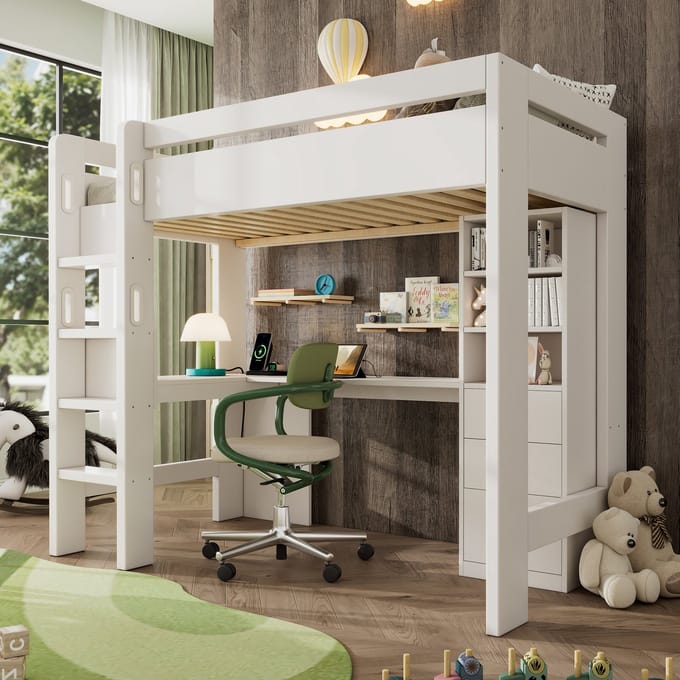 Kinderbed Met Bureau - Hoogslaper 90x200 Met L-vorm Bureau, USB/Type-C En Opbergruimte - Wit