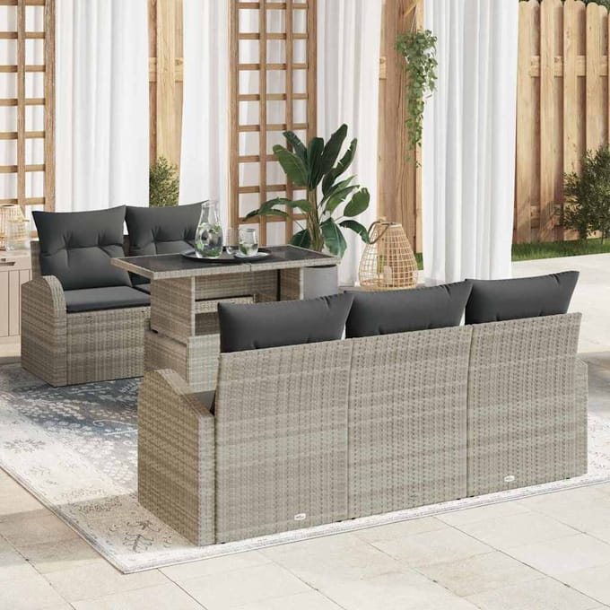vidaXL Tuinbank Set met kussen met kussen 6 pcs Lichtgrijs Poly Riet