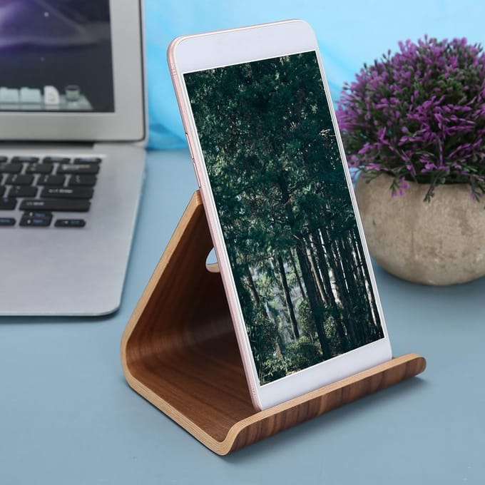 Support double face en bois marron pour tablette, PC, téléphone portable, iPad brown