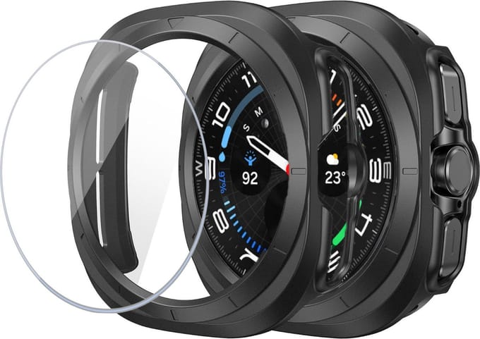 Hoesje +Screenprotector Samsung Galaxy Watch Ultra – Tempered Glass - Extreme Shock Case Zwart